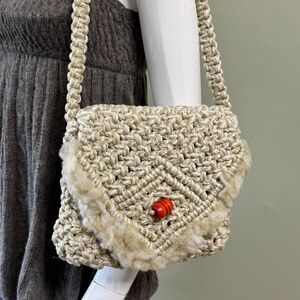 Vintage Boho 70s Handmade Crochet Shoulder Bag – Cottagecore Faux Fur Trim with